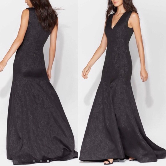Halston Heritage Evening Sleeveless Jacquard Metallic Trumpet Gown Black Sz 8 - Picture 1 of 16